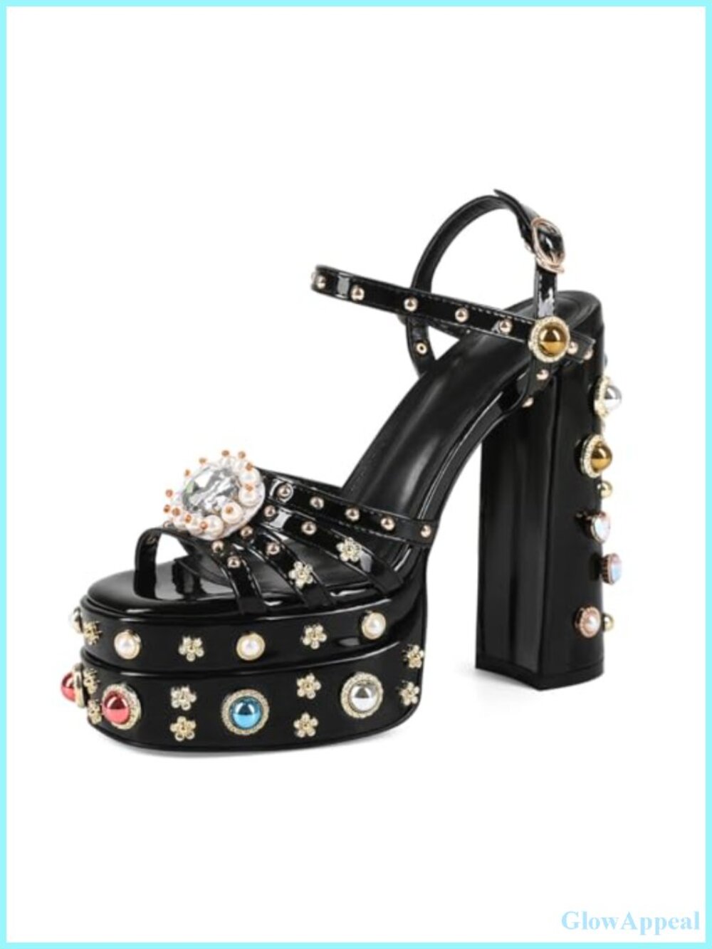Women Rhinestone Platform Chunky Heel Open Toe Ankle Strap Sandals